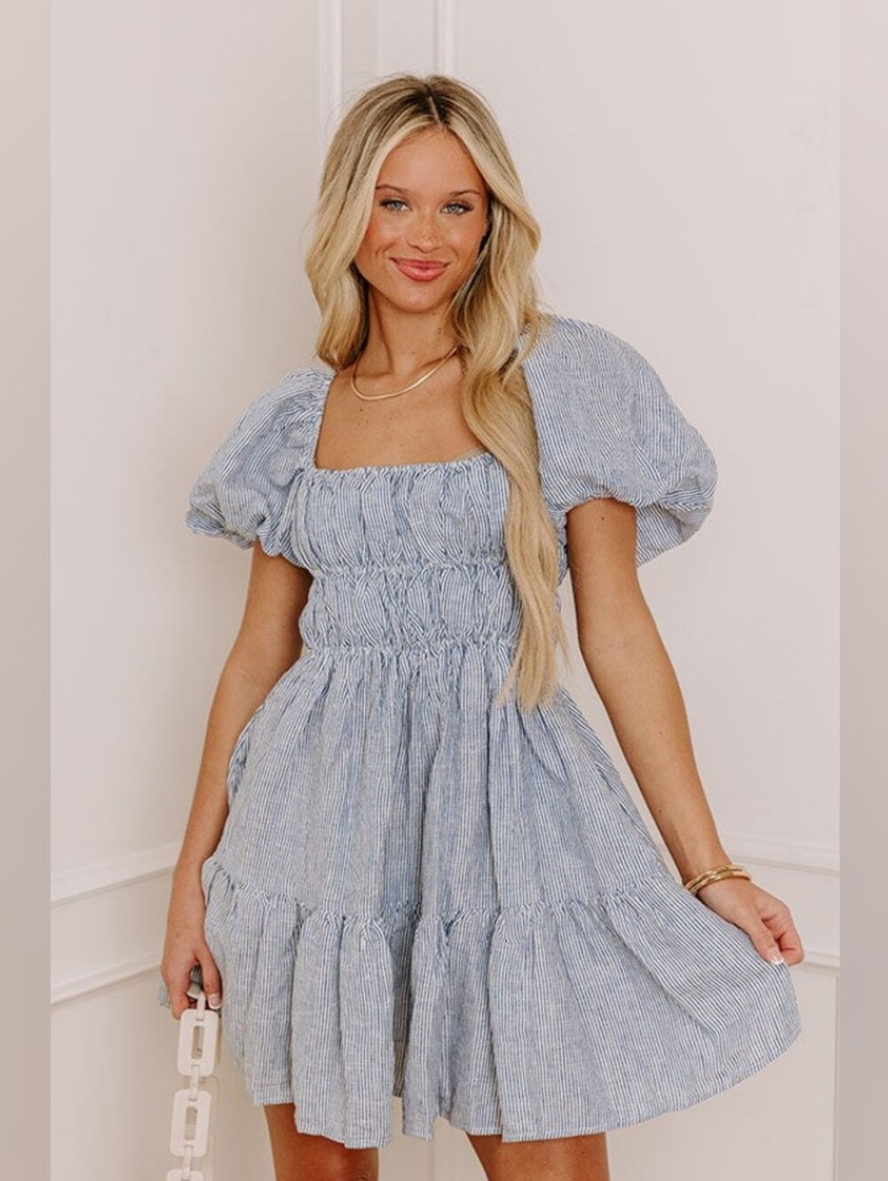 Olivaceous Boho Chic 100% Linen Blue And White Stripe Mini Dress L